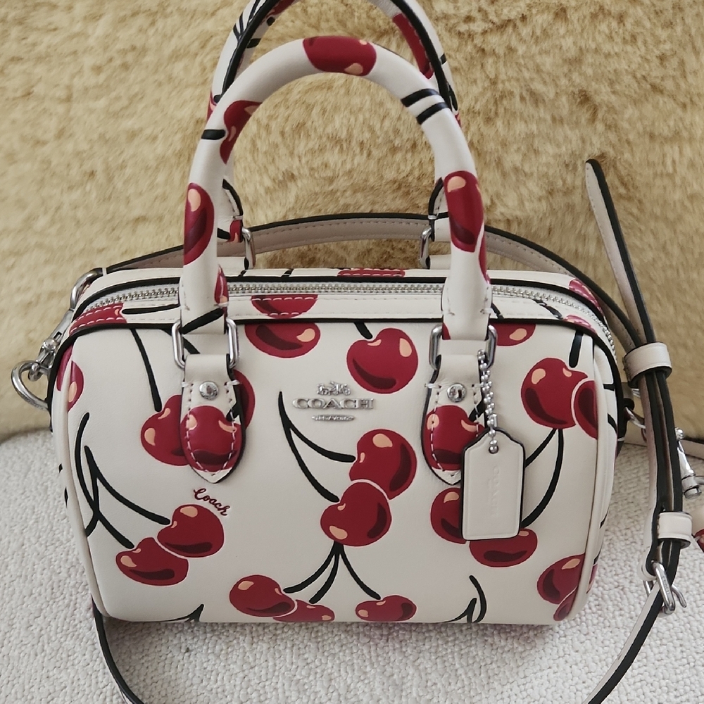 NWOT Coach Embossed Cherry Pattern On  Chalk White Leather Handbag